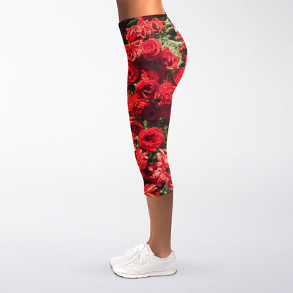 Red Rose Flower Print Women's Capri Leggings