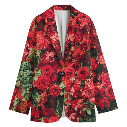 Red Rose Flower Print Women's Cotton Blazer