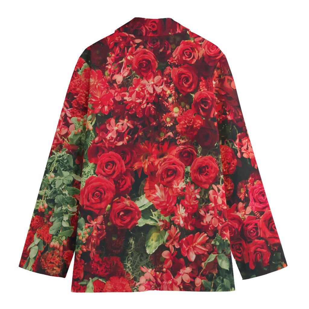 Red Rose Flower Print Women's Cotton Blazer