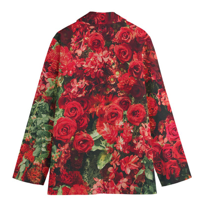 Red Rose Flower Print Women's Cotton Blazer