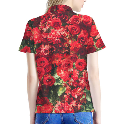 Red Rose Flower Print Women's Polo Shirt