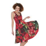Red Rose Flower Print Women's Sleeveless Dress