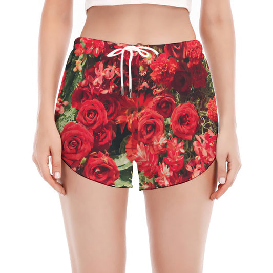 Red Rose Flower Print Women's Split Running Shorts