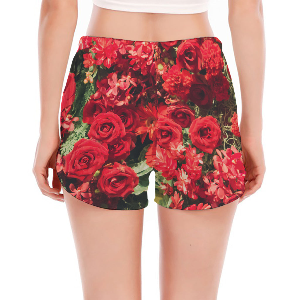 Red Rose Flower Print Women's Split Running Shorts