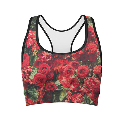 Red Rose Flower Print Women's Sports Bra