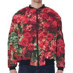 Red Rose Flower Print Zip Sleeve Bomber Jacket