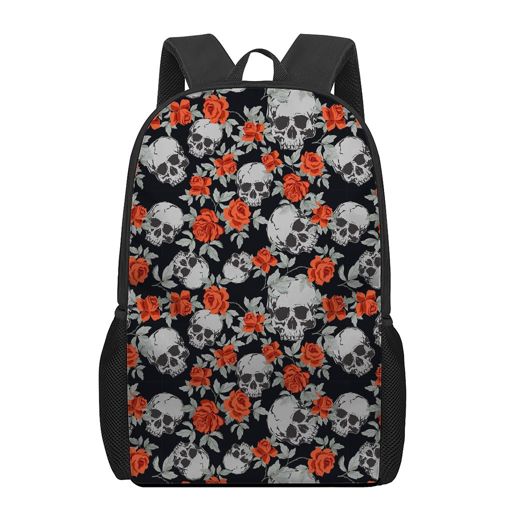 Red Rose Grey Skull Pattern Print 17 Inch Backpack