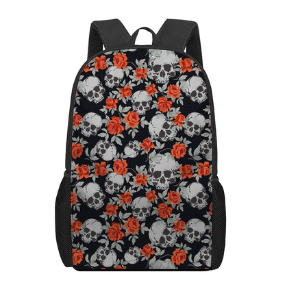 Red Rose Grey Skull Pattern Print 17 Inch Backpack