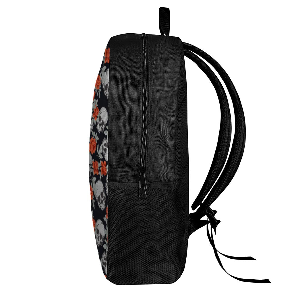 Red Rose Grey Skull Pattern Print 17 Inch Backpack