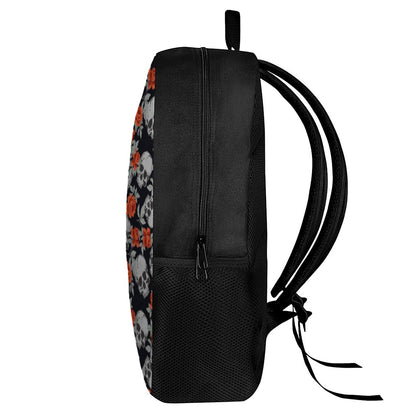 Red Rose Grey Skull Pattern Print 17 Inch Backpack