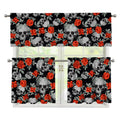 Red Rose Grey Skull Pattern Print 3 Piece Kitchen Curtains
