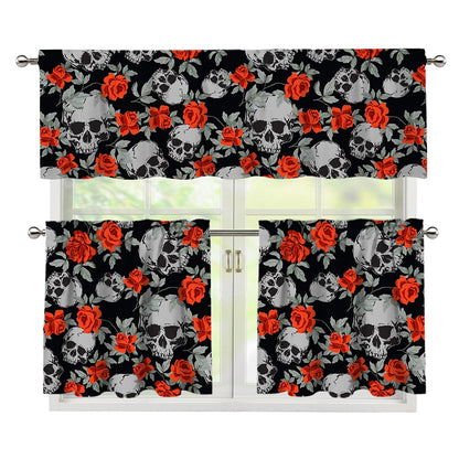 Red Rose Grey Skull Pattern Print 3 Piece Kitchen Curtains
