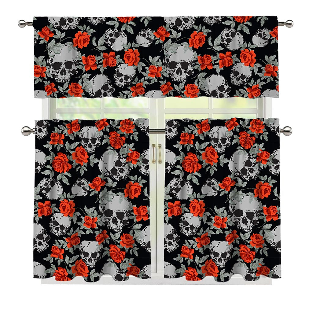 Red Rose Grey Skull Pattern Print 3 Piece Kitchen Curtains