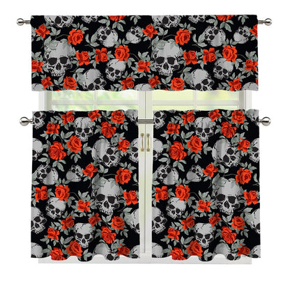 Red Rose Grey Skull Pattern Print 3 Piece Kitchen Curtains