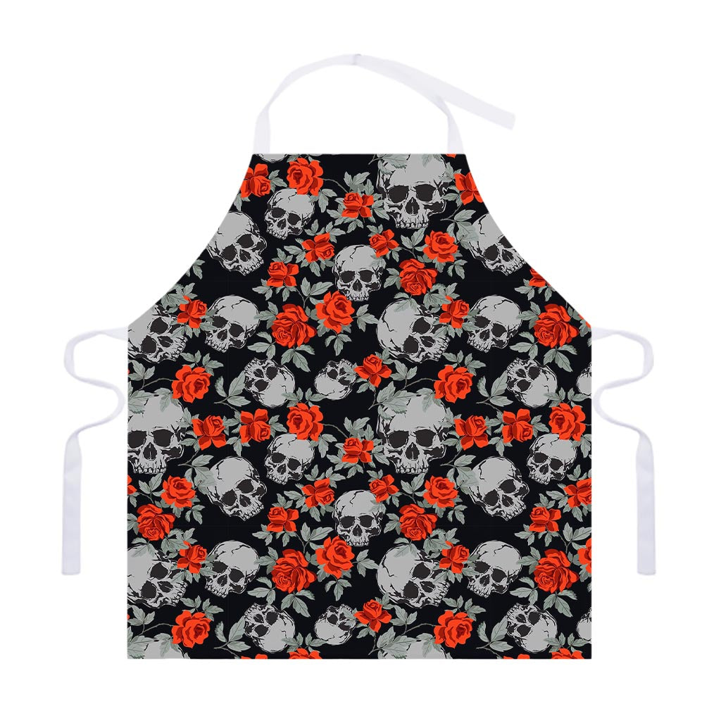 Red Rose Grey Skull Pattern Print Adjustable Apron