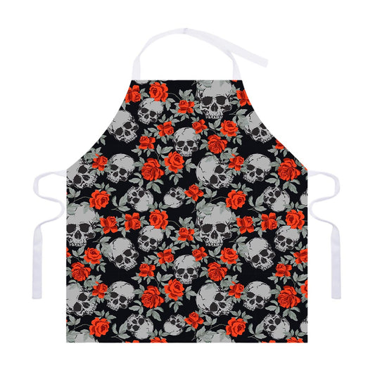 Red Rose Grey Skull Pattern Print Adjustable Apron
