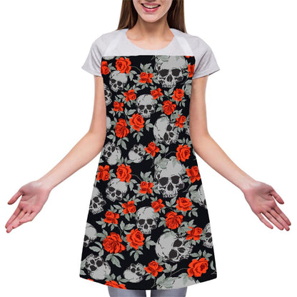 Red Rose Grey Skull Pattern Print Adjustable Apron