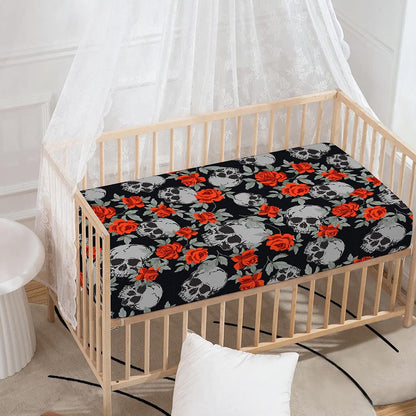 Red Rose Grey Skull Pattern Print Baby Crib Sheet