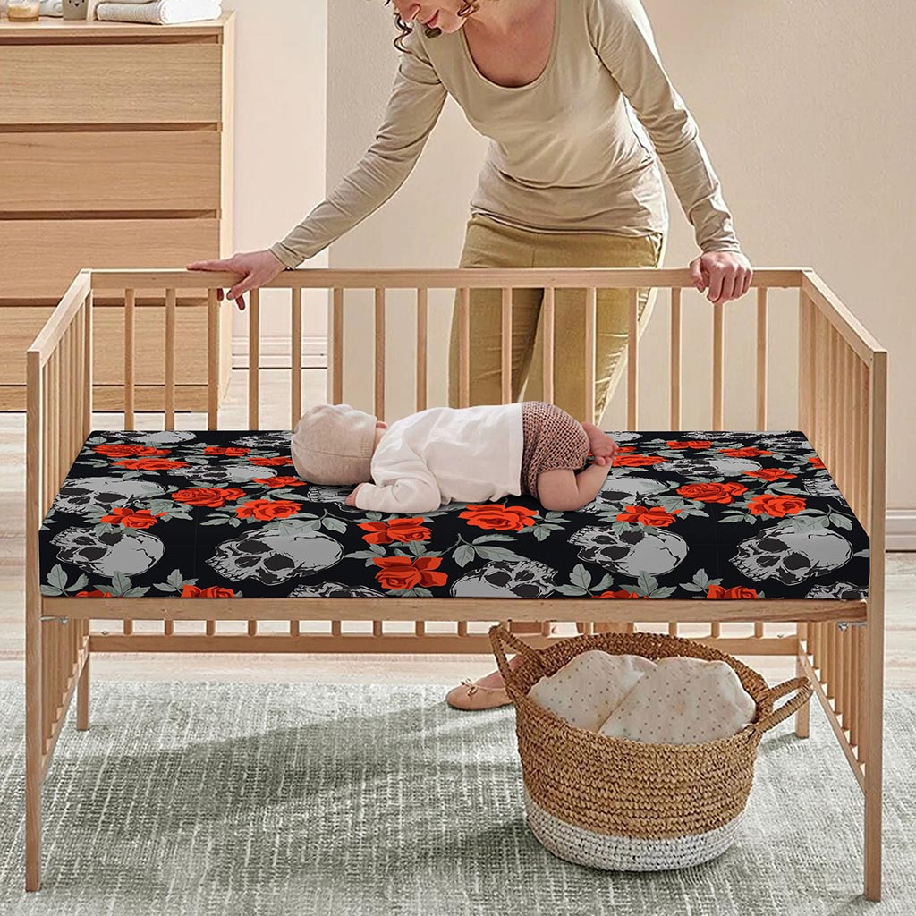 Red Rose Grey Skull Pattern Print Baby Crib Sheet