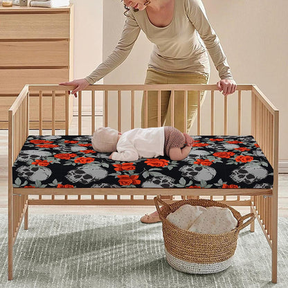 Red Rose Grey Skull Pattern Print Baby Crib Sheet