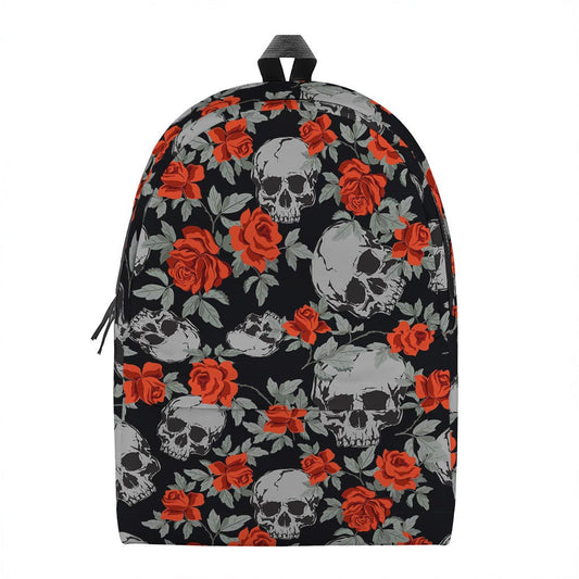 Red Rose Grey Skull Pattern Print Backpack