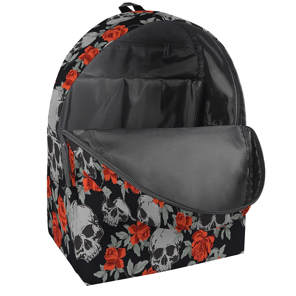 Red Rose Grey Skull Pattern Print Backpack