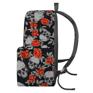 Red Rose Grey Skull Pattern Print Backpack