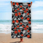 Red Rose Grey Skull Pattern Print Beach Towel