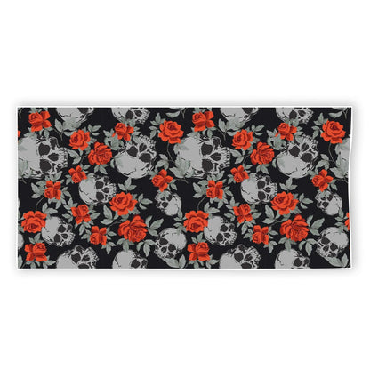 Red Rose Grey Skull Pattern Print Beach Towel