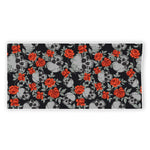 Red Rose Grey Skull Pattern Print Beach Towel
