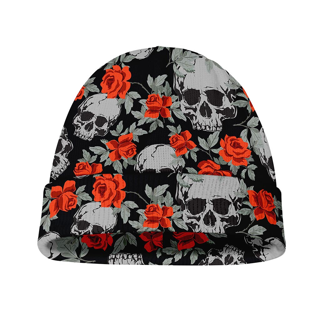 Red Rose Grey Skull Pattern Print Beanie