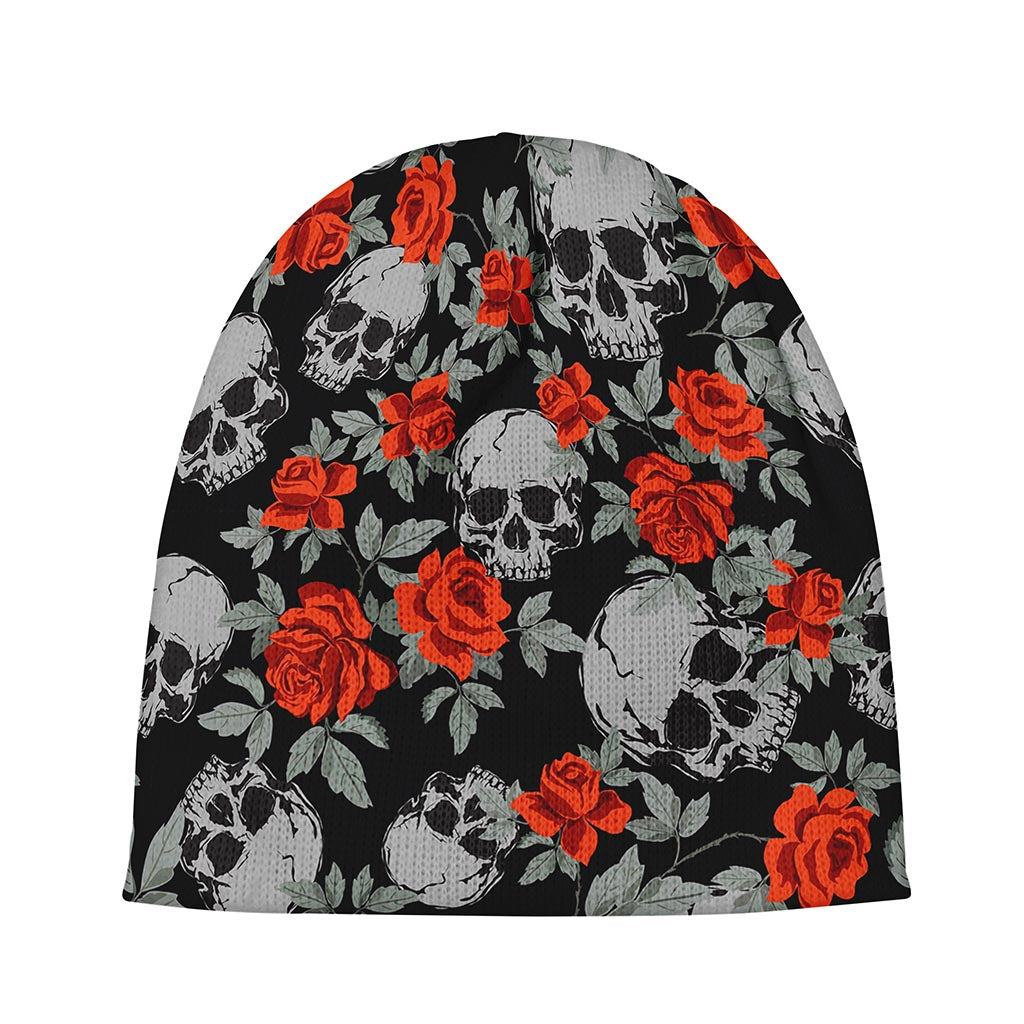 Red Rose Grey Skull Pattern Print Beanie