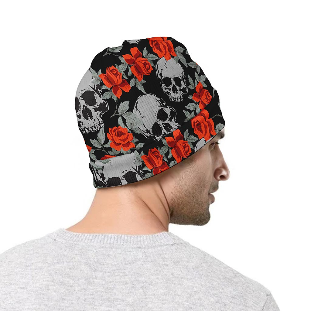 Red Rose Grey Skull Pattern Print Beanie