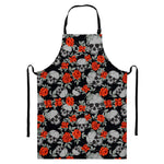 Red Rose Grey Skull Pattern Print Bib Apron With Pocket