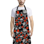Red Rose Grey Skull Pattern Print Bib Apron With Pocket