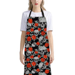 Red Rose Grey Skull Pattern Print Bib Apron With Pocket