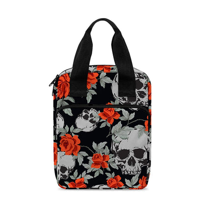 Red Rose Grey Skull Pattern Print Bible Tote Bag