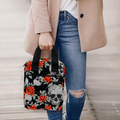 Red Rose Grey Skull Pattern Print Bible Tote Bag