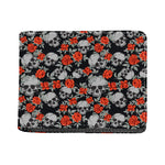 Red Rose Grey Skull Pattern Print Bifold Wallet