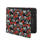 Red Rose Grey Skull Pattern Print Bifold Wallet