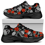 Red Rose Grey Skull Pattern Print Black Chunky Shoes