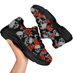 Red Rose Grey Skull Pattern Print Black Chunky Shoes