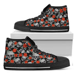 Red Rose Grey Skull Pattern Print Black High Top Sneakers