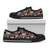 Red Rose Grey Skull Pattern Print Black Low Top Sneakers