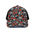 Red Rose Grey Skull Pattern Print Black Mesh Trucker Hat