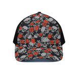 Red Rose Grey Skull Pattern Print Black Mesh Trucker Cap