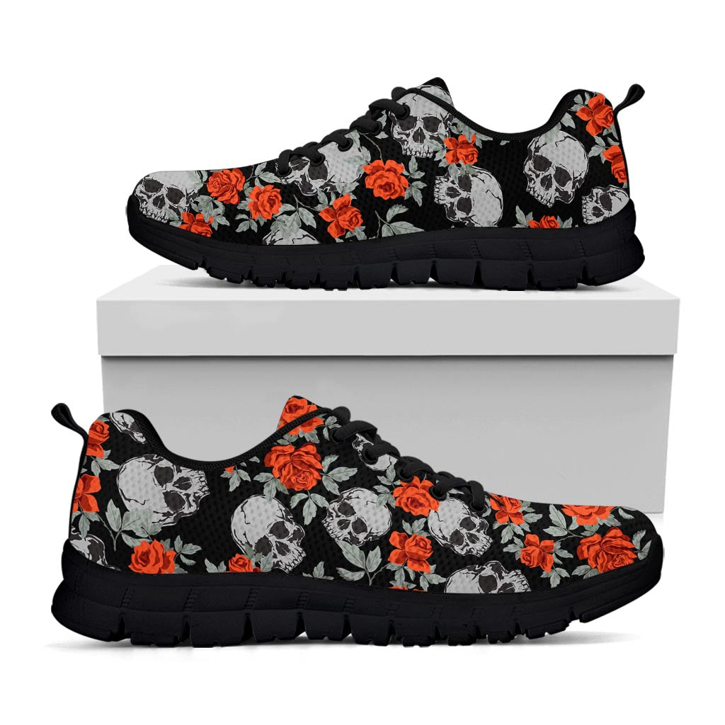 Red Rose Grey Skull Pattern Print Black Running Shoes