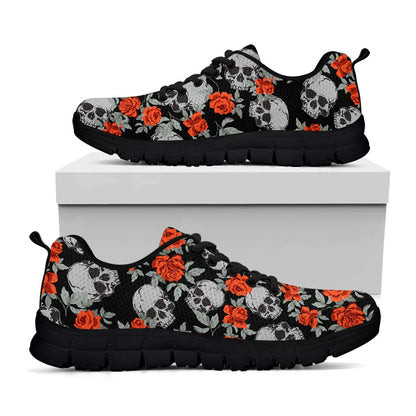Red Rose Grey Skull Pattern Print Black Running Shoes
