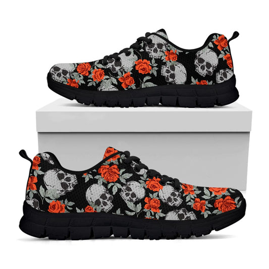 Red Rose Grey Skull Pattern Print Black Running Shoes