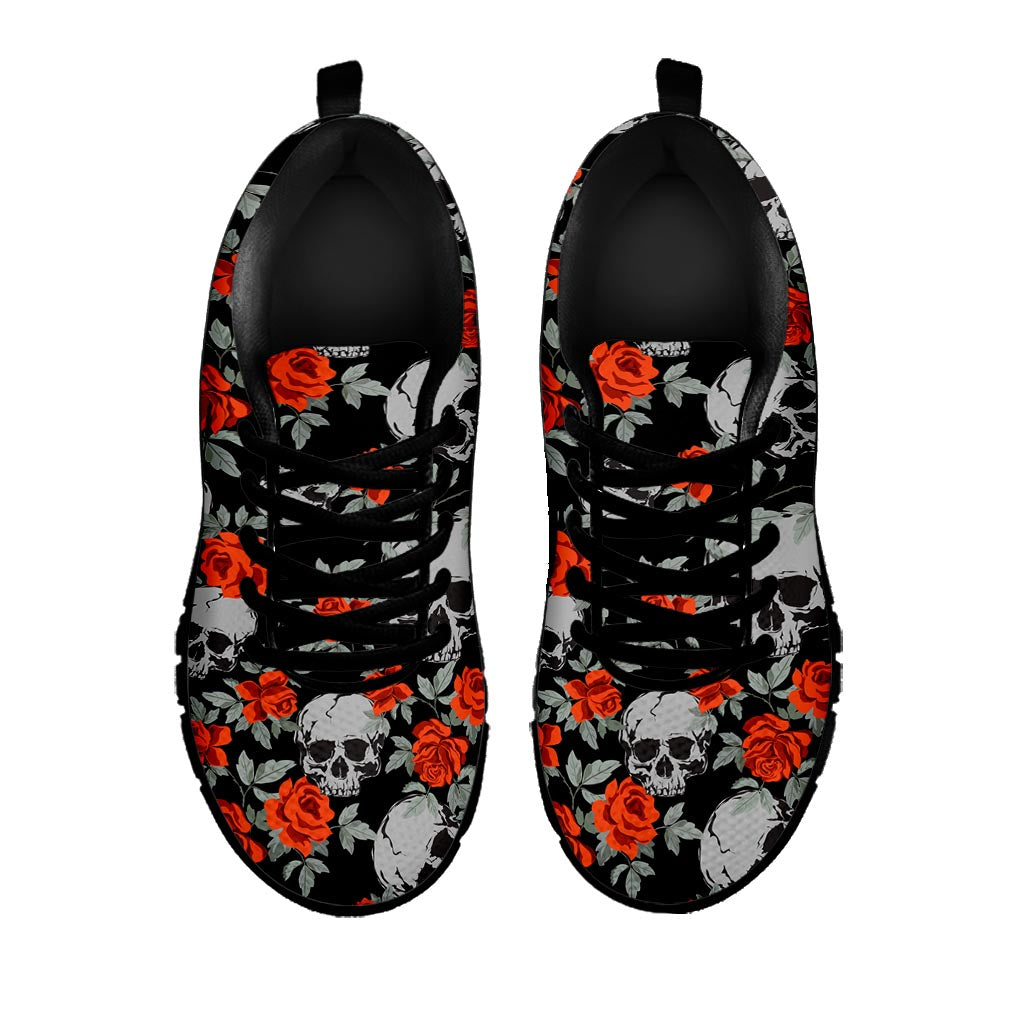 Red Rose Grey Skull Pattern Print Black Running Shoes